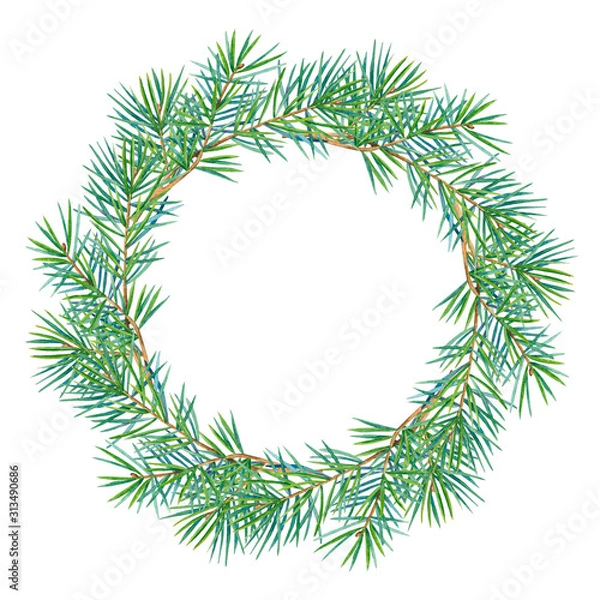 Fototapeta Round frame with watercolor wreath of fir branches.  Place for your text. Perfect for greetings, invitations, announcement, web and wedding design. Raster.