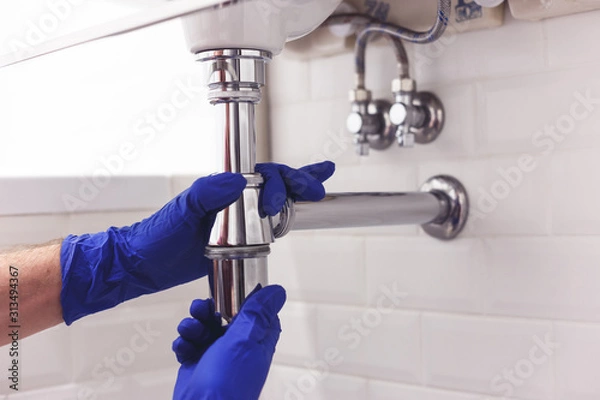 Fototapeta Plumber repairs and maintains chrome siphon under the washbasin. Plumber at work in bathroom, plumbing assemble and install concept