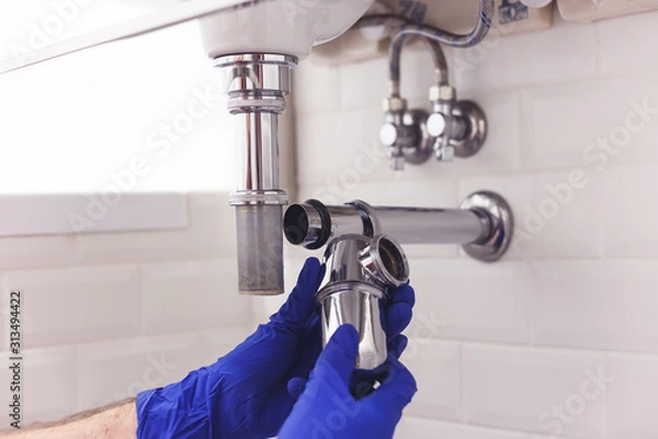 Fototapeta Plumber repairs and maintains chrome siphon under the washbasin. Plumber at work in bathroom, plumbing assemble and install concept