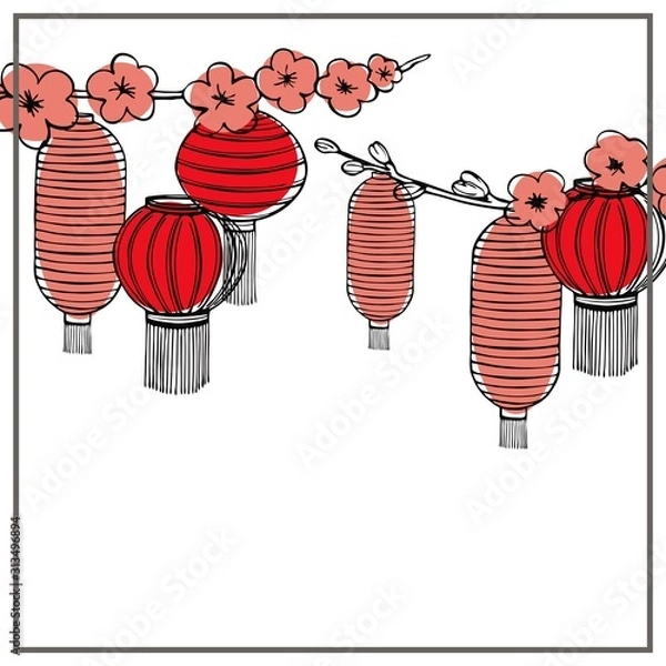 Fototapeta 2020 Chinese New Year background with  holiday lanterns and flowering plum branches. Vector background