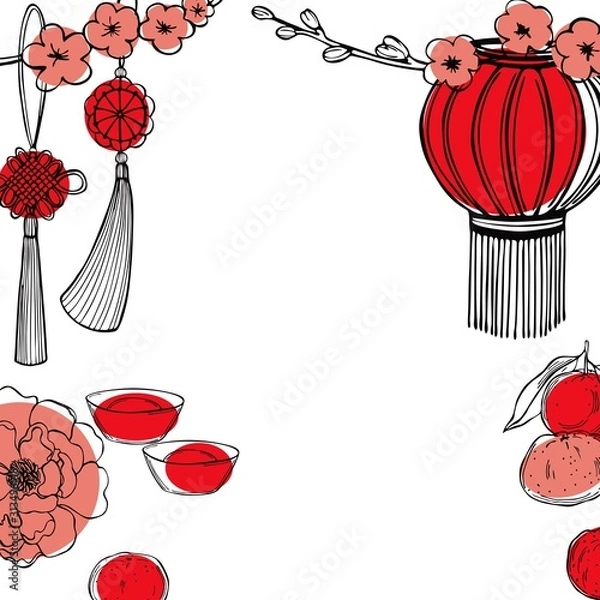 Fototapeta 2020 Chinese New Year background with flowers and lanterns. Vector sketch illustration.