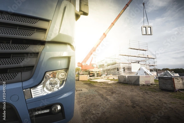 Fototapeta Construction of a Single Family Home with the Help of a Crane