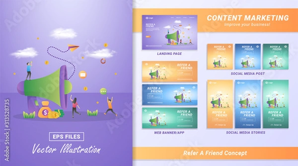 Fototapeta Flat design concept of refer a friend. People invite friends to join, a referral program to make money and prizes impossible. Can use for web landing page, marketing, mobile app, web banner.