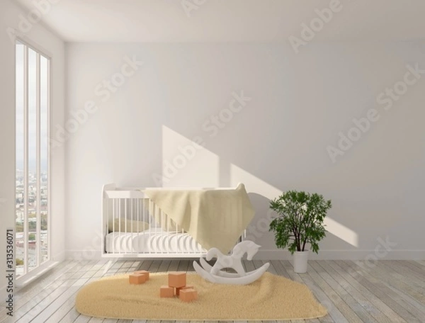 Obraz Interior of the children's room with panoramic windows, crib and toys on the floor. Sun light and a carpet on the floor. 3D rendering. 3D illustration.