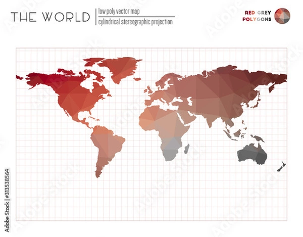 Obraz Low poly design of the world. Cylindrical stereographic projection of the world. Red and grey colored polygons. Beautiful vector illustration.
