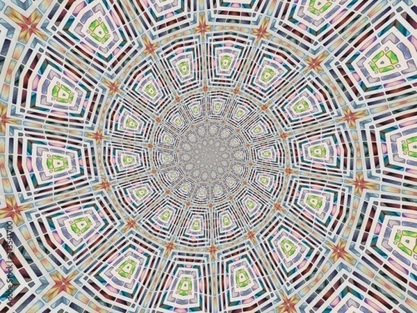 Fototapeta Colorful digital graphic kaleidoscope symmetry mandala style in laser light sunray trial pattern, Tie Dye , spiderweb art abstract background for art projects, banner, business,   card, 3D, template