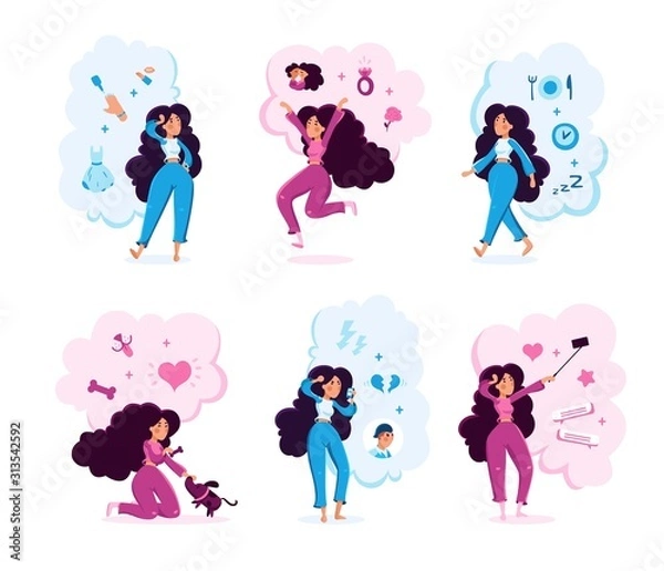 Obraz Modern Woman Life Situations Trendy Flat Vector Characters Set. Young Lady Shooting Selfie, Playing with Pet, Arguing with Boyfriend, Celebrating Engagement, Choosing Makeup Isolated Illustration