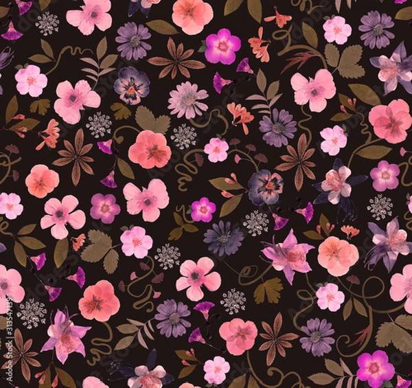 Fototapeta Seamless pattern consisting of flowers different sizes and leaves on black background artwork for phone case, fabrics, souvenirs, packaging, greeting cards and scrapbooking