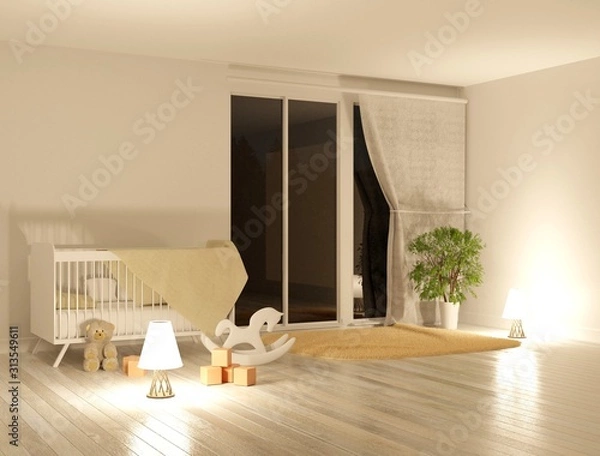Obraz Night interior of the children's room. Crib and toys on the parquet floor. Large panoramic window. 3D rendering. 3D illustration.