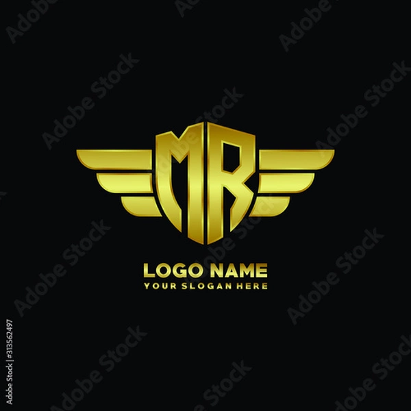 Fototapeta initial letter MR shield logo with wing vector illustration, gold color