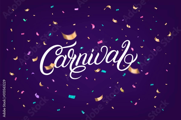 Fototapeta Carnival hand written lettering text with colorful sparkles confetti