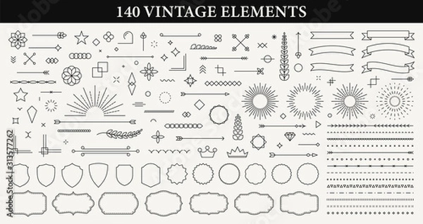 Obraz Zestaw 140 elementów linii Vintage. Elementy projektu retro. Ozdoby i ramki. Rysowanie linii geometrii. Dekoracje, banery, plakaty, emblematy, etykiety. Ilustracji wektorowych.
