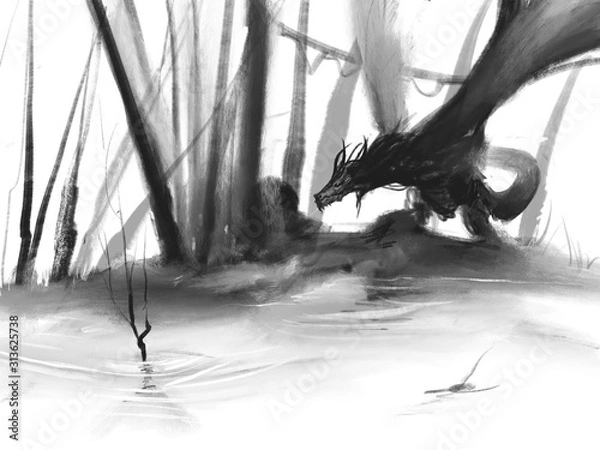 Fototapeta Digital black and white drawing of a dragon in a swampy environment flapping its wings - digital fantasy illustration