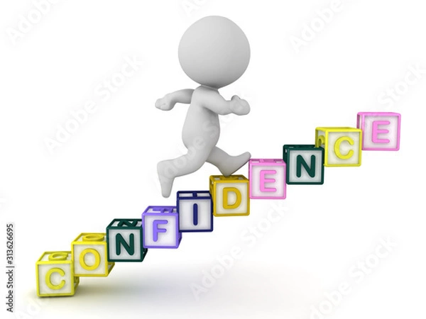 Fototapeta 3D Character running up stairs which spell the word CONFIDENCE