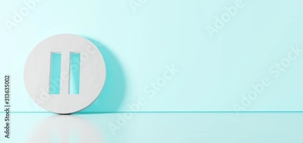 Fototapeta Renderowania 3D białego symbolu ikony pauzy, opierając się na ścianie koloru z odbiciem podłogi z pustą przestrzenią po prawej stronie