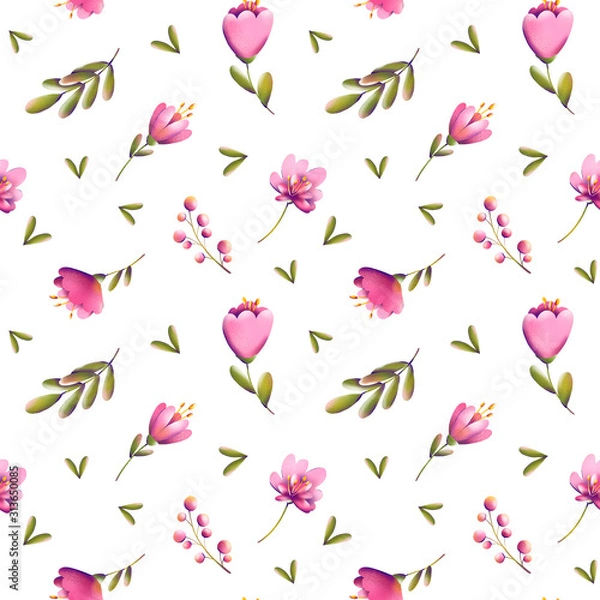 Fototapeta Digital illustration of a trendy floral print pattern. Small tulips, leaves and berries in a seamless texture. Summer and spring motif for cards, banners, fabrics, invitations.