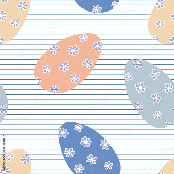 Fototapeta Floral Easter Eggs in soft neutral colors vector seamless pattern. Easter egg pattern with pinstripe background and little hand drawn daisies.