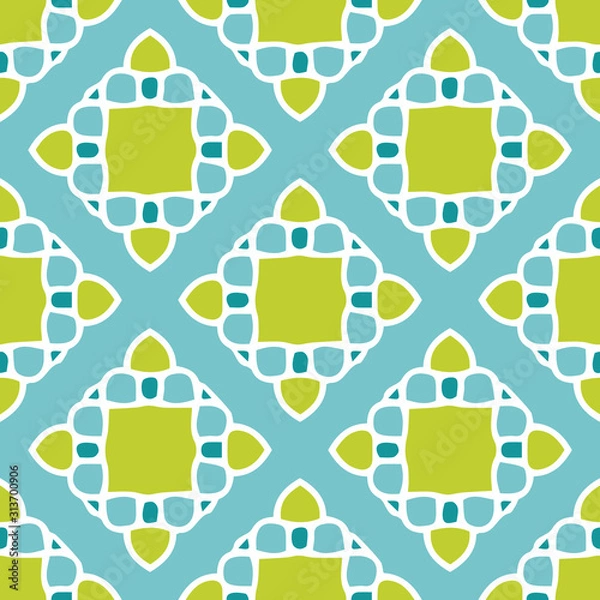 Fototapeta Chartreuse and teal mosaic tile seamless vector pattern. All colors on this hand drawn tile design can be changed to suit your needs.