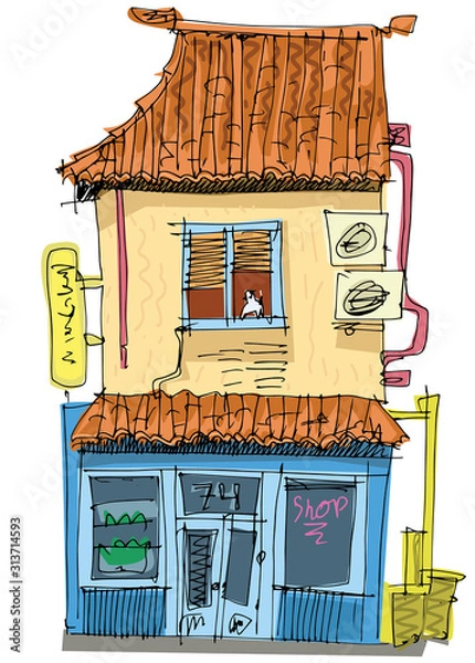 Obraz A vintage traditional facade of old japanese store with residence at second floor. Cartoon. Caricature.