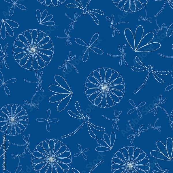 Fototapeta Seamless vector pattern background with dragonflies and flowers in japanese embroidery style