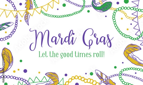 Fototapeta Mardi Gras greeting design template. Rectangular frame with beads and feathers. Vector hand drawn sketch illustration