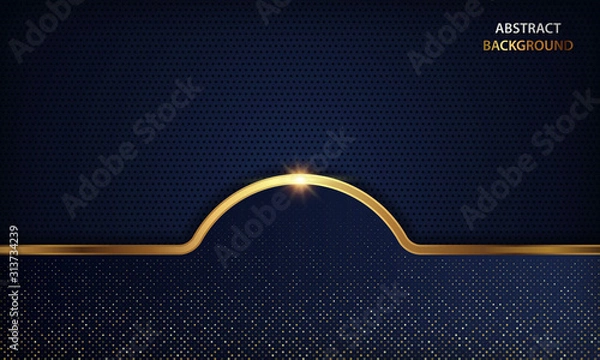 Fototapeta Luxury dark blue overlap dimension background on metal pattern. Colorful golden glitters halftone texture with shiny realistic golden elements. Modern vector design template.