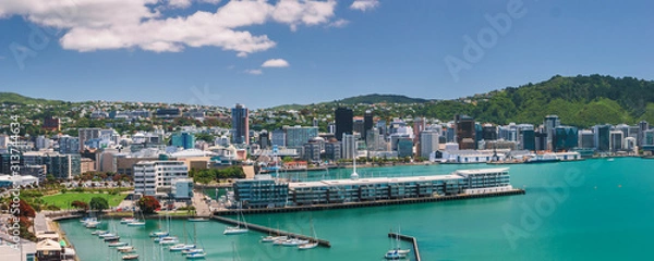 Obraz Wellington city, buildings and harbour seen on a beautiful summer's day as viewed from Mount Victoria. Wellington is the capital of New Zealand.	