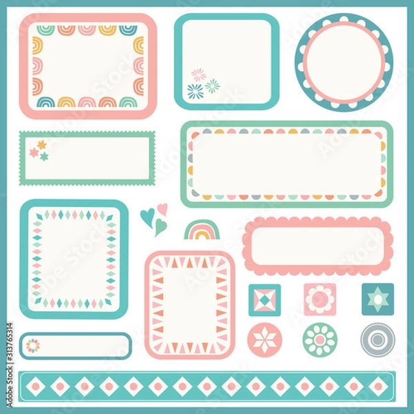 Fototapeta Vector frame and border set for kids. Set of cute design elements with geometric detail.