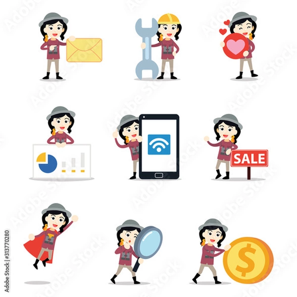 Fototapeta Set of character bird watcher woman take a picture of birds life.