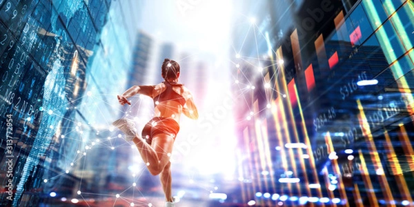 Fototapeta Sportswoman run race. Mixed media