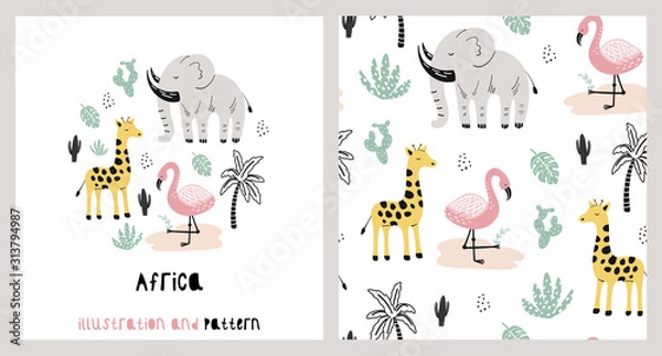 Fototapeta Illustration and pattern with cute giraffe, elephant, flamingo