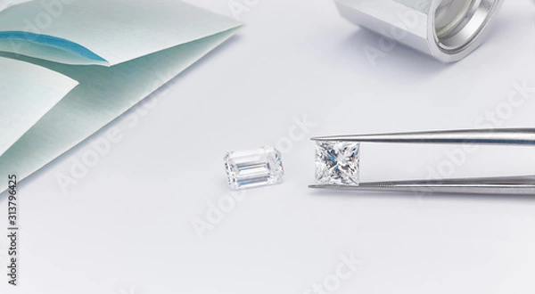Obraz Princess Cut and Emerald Cut 2 Carat Diamonds on White Background