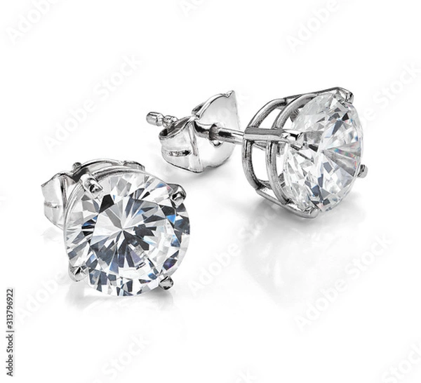 Obraz Large Diamond Solitaire Earrings Isolated on White Background