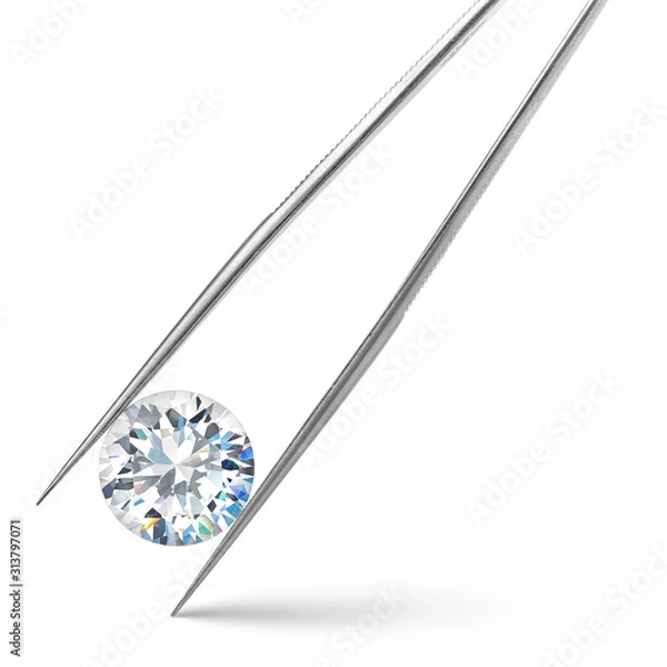 Obraz Round Diamond in Tweezers on White Background