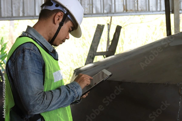 Obraz Mechanic engineer holding a ipad in the champagne bucket factory