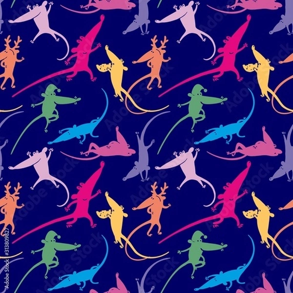 Fototapeta Chinese Year of the Rat 2020. New Year seamless pattern with cute mice. Mouse. Blue winter background. Rat horoscope sign. Happy New Year. Chinese New Year symbol image concept