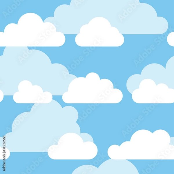 Obraz Seamless pattern with funny clouds in cartoon style on blue background. Hand drawn illustration  sky. Creative art work. Actual vector weather drawing