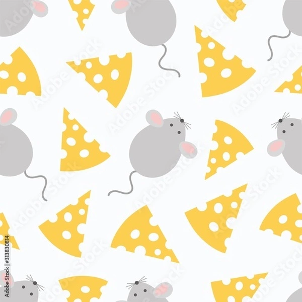 Fototapeta Cute mouse and cheese seamless pattern. Vector childish background for fabric, textile, wrapping. Symbol Chinese New Year 2020.