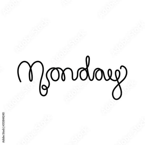 Fototapeta Monday inscription, continuous line drawing, hand lettering, print for clothes, t-shirt, emblem or logo design, one single line on a white background. Isolated vector illustration.