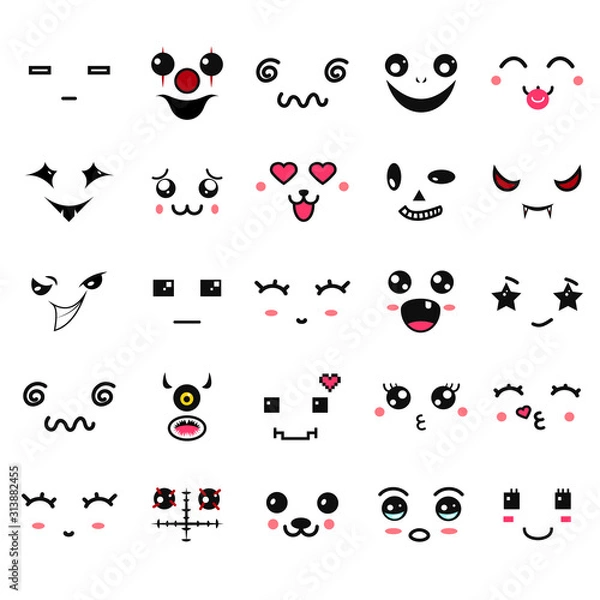Fototapeta Kawaii cute faces. Manga style eyes and mouths. Funny cartoon japanese emoticon in in different expressions. Expression anime character and emoticon face illustration. Background, Wallpaper.