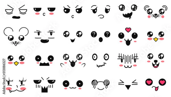 Fototapeta Kawaii cute faces. Manga style eyes and mouths. Funny cartoon japanese emoticon in in different expressions. Expression anime character and emoticon face illustration. Background, Wallpaper.