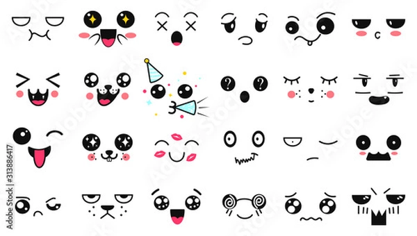 Fototapeta Kawaii cute faces. Manga style eyes and mouths. Funny cartoon japanese emoticon in in different expressions. Expression anime character and emoticon face illustration. Background, Wallpaper.