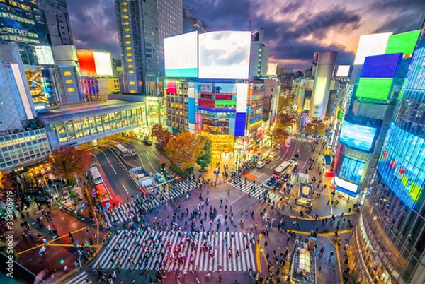 Fototapeta Shibuya Crossing from top view at twilight in Tokyo
