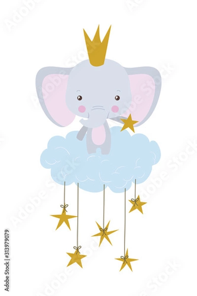 Fototapeta Cute elephant with crown over cloud vector design