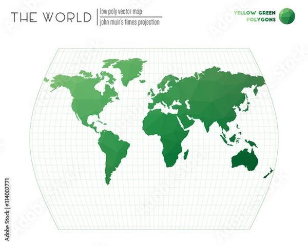 Fototapeta Low poly world map. John Muir's Times projection of the world. Yellow-Green colored polygons. Stylish vector illustration.