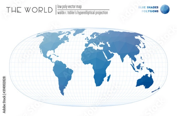 Fototapeta Polygonal world map. Waldo R. Tobler's hyperelliptical projection of the world. Blue shades colored polygons. Creative vector illustration.