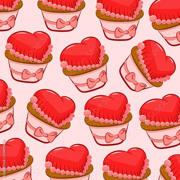 Fototapeta  Cupcake Texture. Valentine's Day. Color image of a cupcake with a cream heart and bead confectionery. Design element. Vector image.
