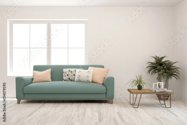 Fototapeta Stylish room in white color with sofa. Scandinavian interior design. 3D illustration