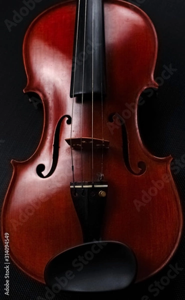 Obraz Front side of violin put on black canvas,blurry light around