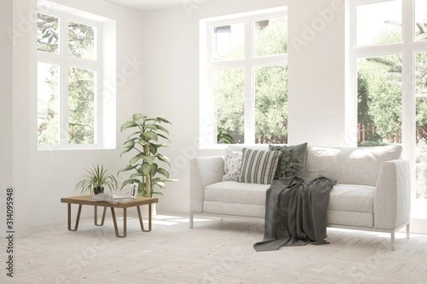 Fototapeta Stylish room in white color with sofa and summer landscape in window. Scandinavian interior design. 3D illustration
